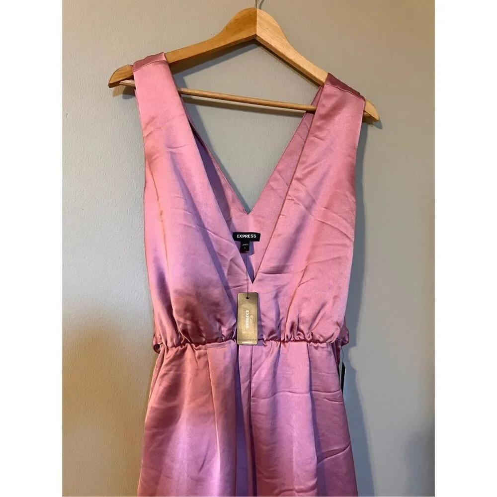 Express Size S Semi Formal Satin Jumpsuit Blush Pink Bow Tie Back Feminine New